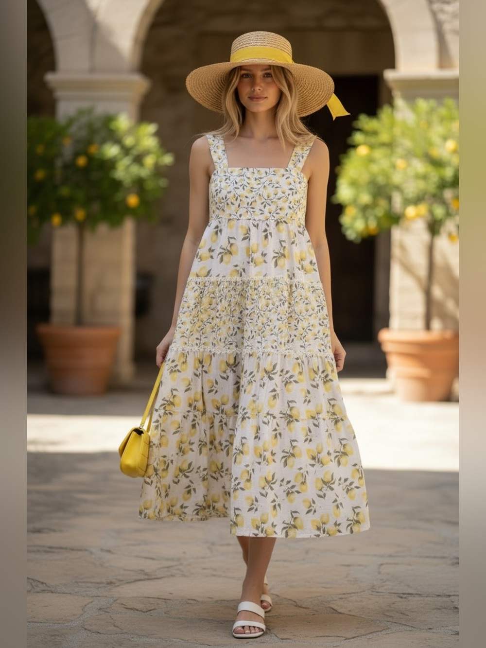 HAUTE HIPPIE Lemon Print Tiered Midi Sundress Dress Sz 8 Med NWT Cottagecore